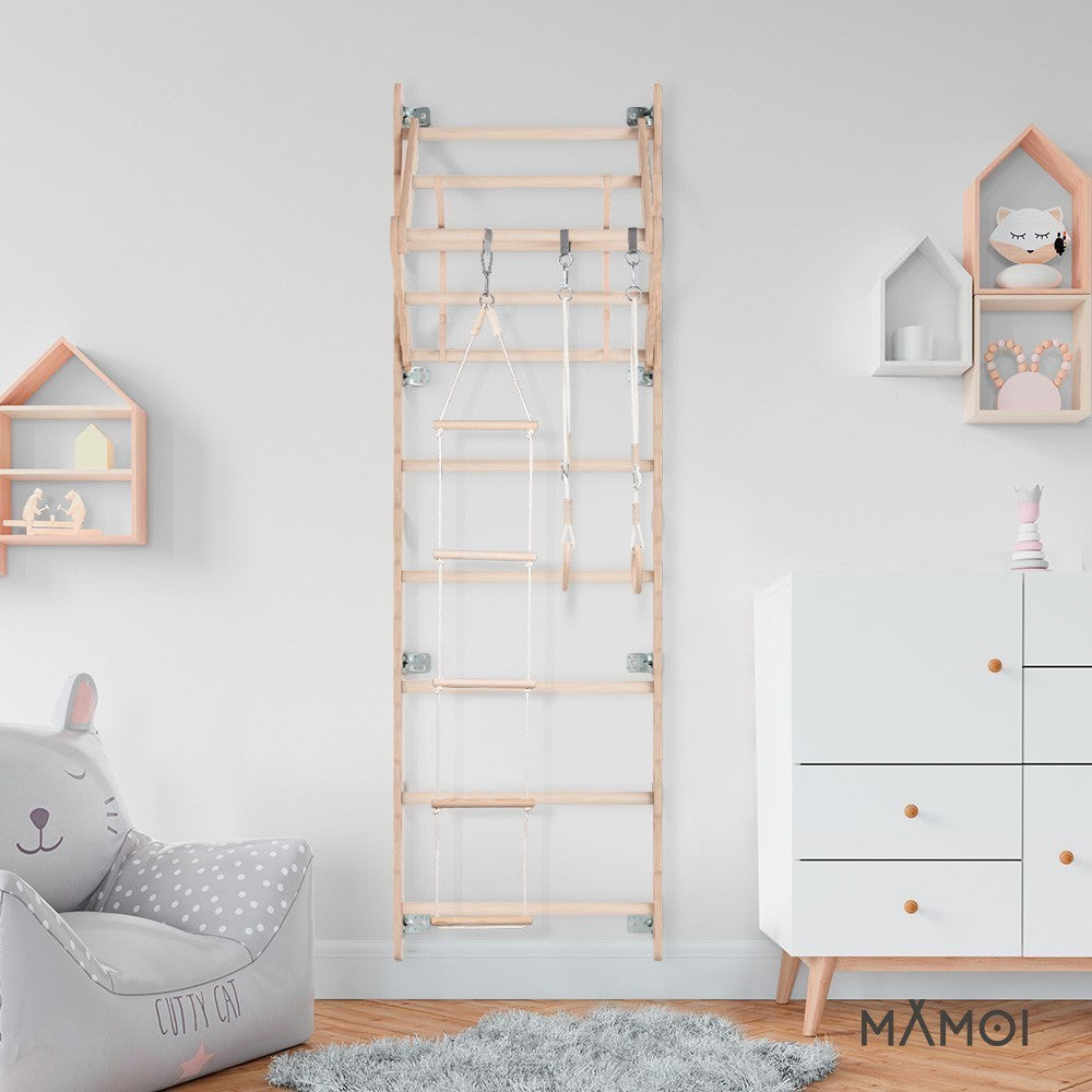 MAMOI® Espalier en bois, Mur escalade suedois pour enfant, Échelle suedoise pour bebe, Jeux descalade et gym avec accessoires, Barre et anneaux gymnastique