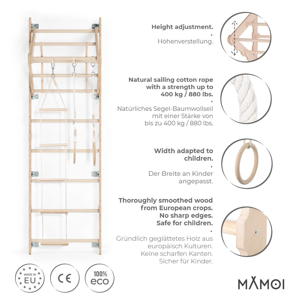 MAMOI® Espalier en bois, Mur escalade suedois pour enfant, Échelle suedoise pour bebe, Jeux descalade et gym avec accessoires, Barre et anneaux gymnastique