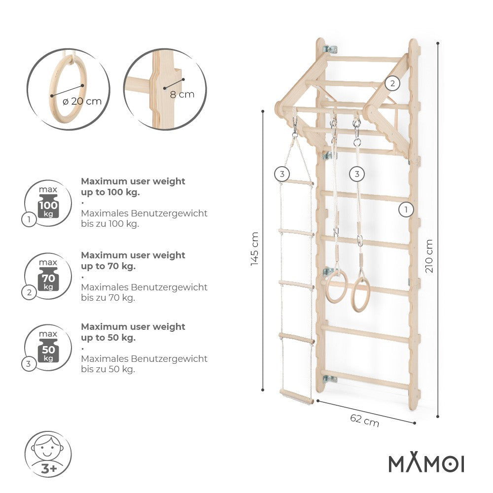 MAMOI® Espalier en bois, Mur escalade suedois pour enfant, Échelle suedoise pour bebe, Jeux descalade et gym avec accessoires, Barre et anneaux gymnastique