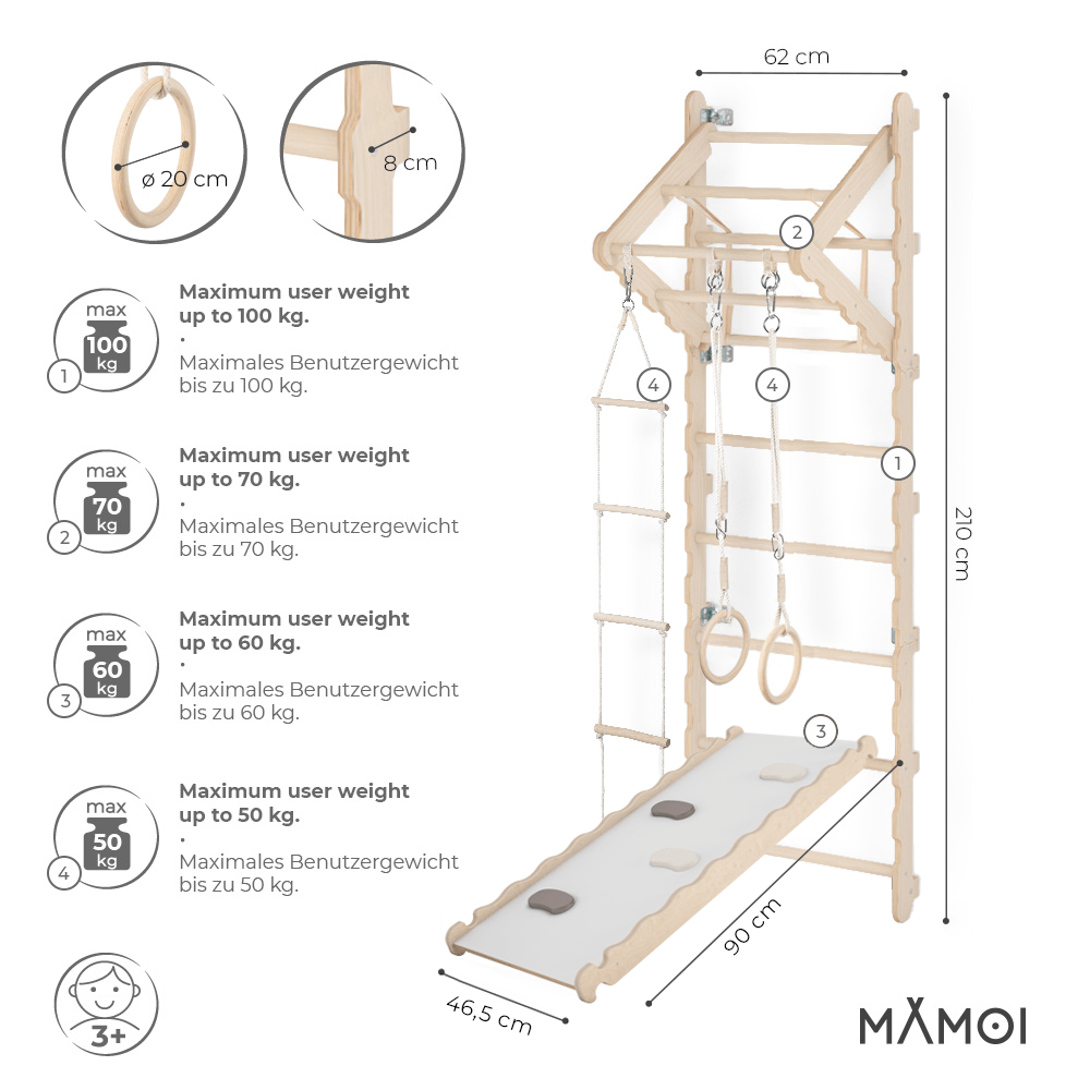 MAMOI® Espalier en bois, Mur escalade suedois pour enfant, Échelle suedoise pour bebe, Jeux descalade et gym avec accessoires, Barre et anneaux gymnastique