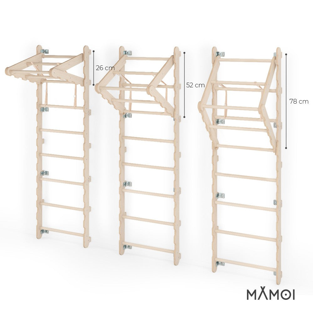 MAMOI® Espalier en bois, Mur escalade suedois pour enfant, Échelle suedoise pour bebe, Jeux descalade et gym avec accessoires, Barre et anneaux gymnastique