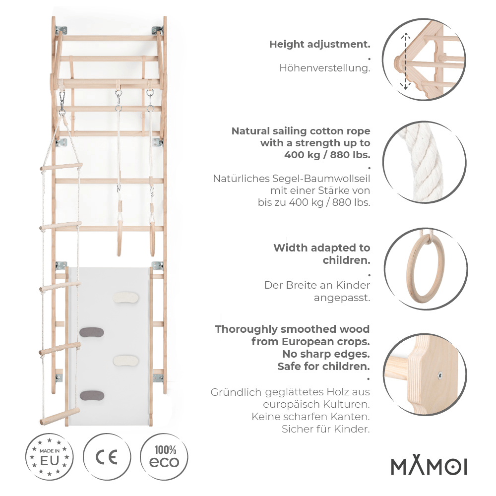 MAMOI® Espalier en bois, Mur escalade suedois pour enfant, Échelle suedoise pour bebe, Jeux descalade et gym avec accessoires, Barre et anneaux gymnastique