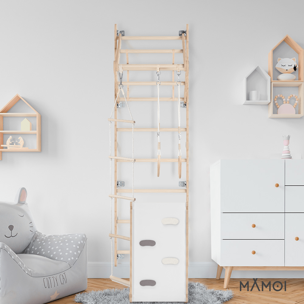 MAMOI® Espalier en bois, Mur escalade suedois pour enfant, Échelle suedoise pour bebe, Jeux descalade et gym avec accessoires, Barre et anneaux gymnastique