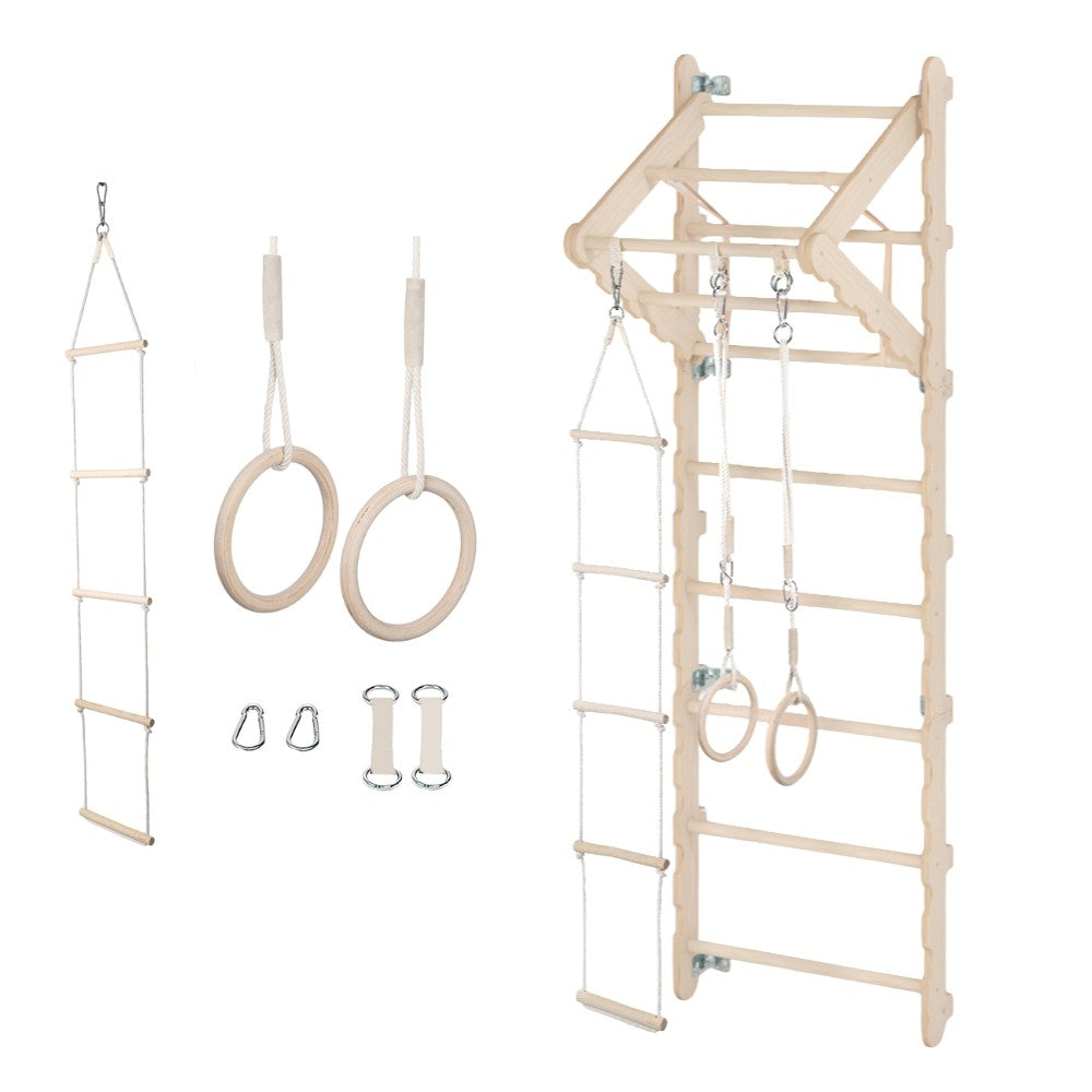 MAMOI® Espalier en bois, Mur escalade suedois pour enfant, Échelle suedoise pour bebe, Jeux descalade et gym avec accessoires, Barre et anneaux gymnastique