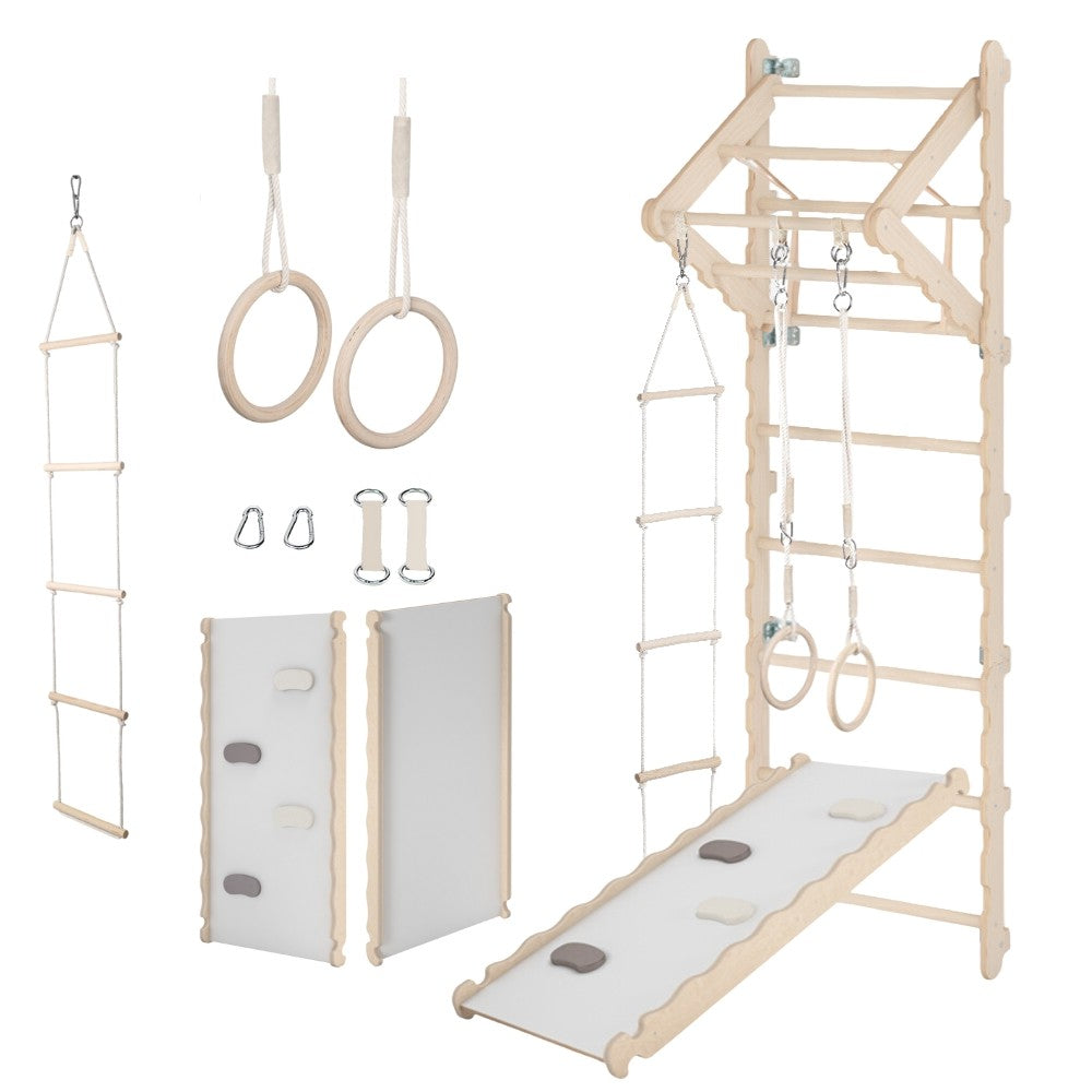 MAMOI® Espalier en bois, Mur escalade suedois pour enfant, Échelle suedoise pour bebe, Jeux descalade et gym avec accessoires, Barre et anneaux gymnastique